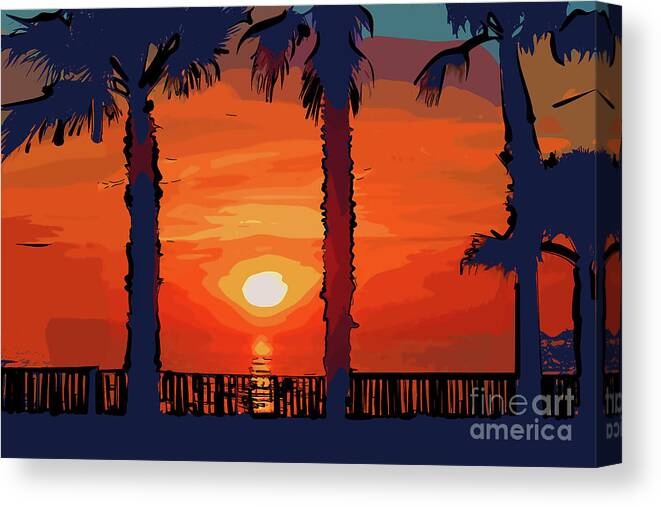 Abstract Canvas Print featuring the digital art Ocean Sunset Between Two Palm Trees by Kirt Tisdale