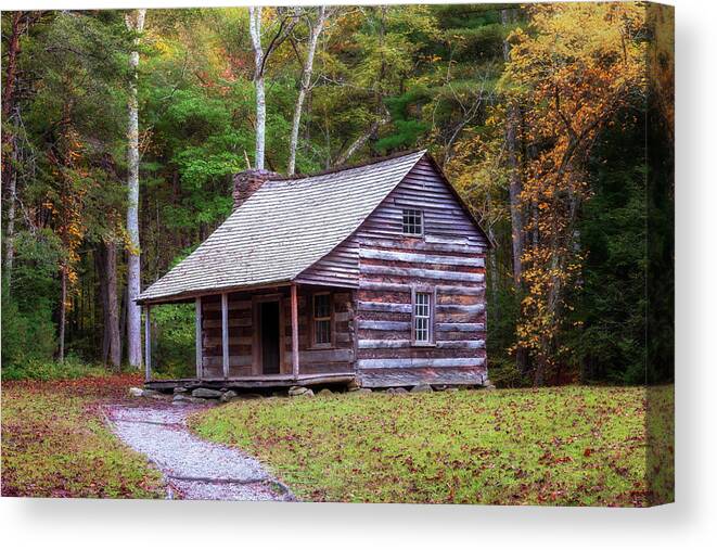 Smoky Mountains Canvas Print featuring the photograph Carter Shields Cabin in Autumn - Smoky Mountains by Susan Rissi Tregoning