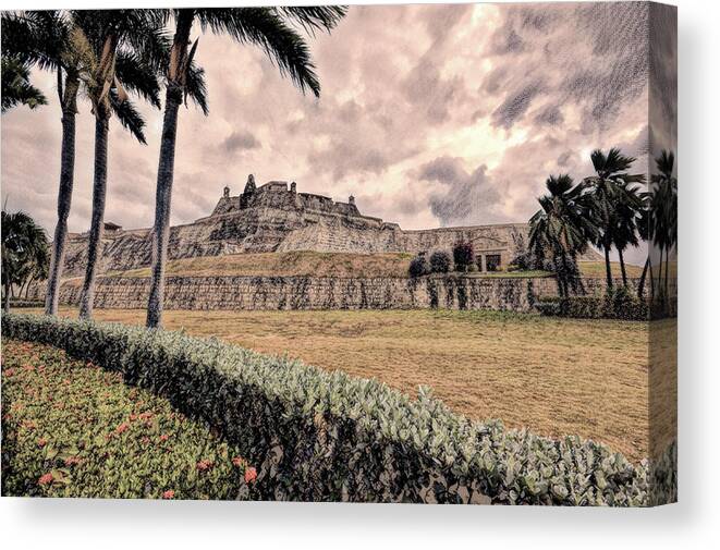 Castillo San Felipe Canvas Print featuring the photograph Castillo San Felipe Cartagena in Charcoal by Bill Swartwout