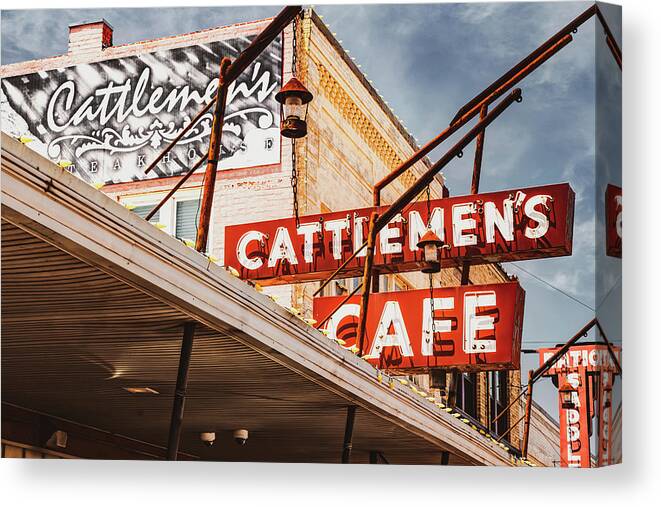 Oklahoma City Canvas Print featuring the photograph Cattlemens Cafe and Steakhouse Neon Sign - Oklahoma Stockyard City by Gregory Ballos