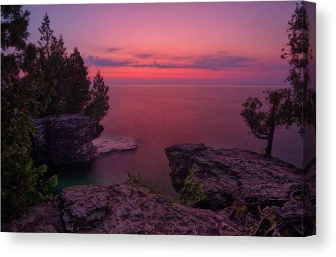 Cave Point Canvas Print featuring the photograph Cave Point Calm - Cave Point County Park in Door County WI by Peter Herman