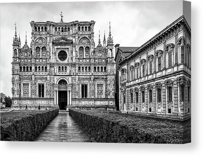 Northern Italy Canvas Print featuring the photograph Certosa di Pavia in Lombardy, Italy - Black And White by Elvira Peretsman