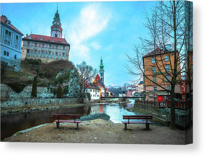  Canvas Print featuring the photograph Cesky Krumlov scenic architecture and Vltava river dawn view by Brch Photography