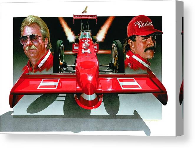 Drag Racing Nhra Top Fuel Funny Car John Force Kenny Youngblood Nitro Champion March Meet Images Image Race Track Fuel Alan Johnson Gary Scelzi Nostalgia Canvas Print featuring the painting Champions Flight II by Kenny Youngblood
