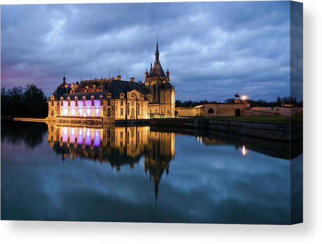 Ancient Canvas Print featuring the photograph Chantilly castle at night by Jean-Luc Farges