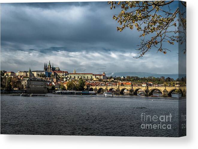 Prague Canvas Print featuring the photograph Charles Bridge Over Moldova River And Hradcany Castle In Prague In The Czech Republic by Andreas Berthold
