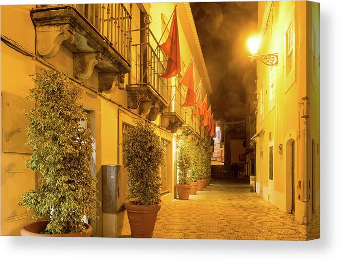 Charming Faro Canvas Print featuring the photograph Charming Faro Algarve Portugal - Fab Small Street with Flags and Sea Mist Lens Flares by Georgia Mizuleva