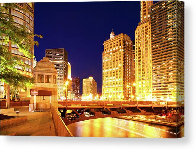 Chicago Skyline Canvas Print featuring the photograph Chicago Skyline River Bridge Night by Patrick Malon
