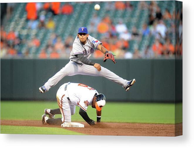 American League Baseball Canvas Print featuring the photograph Chris Davis, Rougned Odor, and Adam Jones by Mitchell Layton