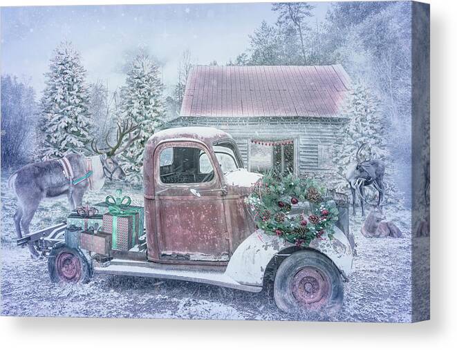 Barns Canvas Print featuring the photograph Christmas Eve Reindeer in Pale Tones by Debra and Dave Vanderlaan
