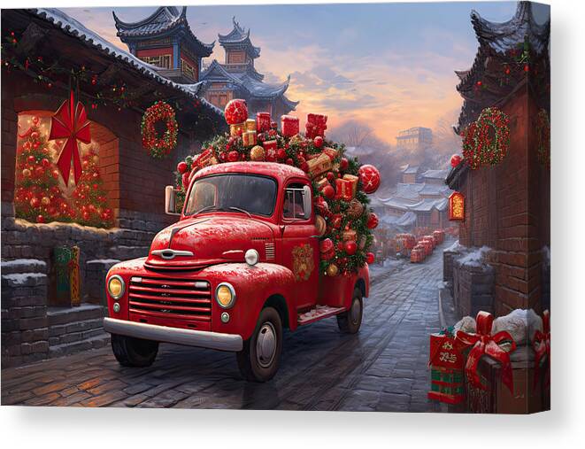 Christmas Art Canvas Print featuring the painting Christmas in the Land of the Dragon by Lourry Legarde