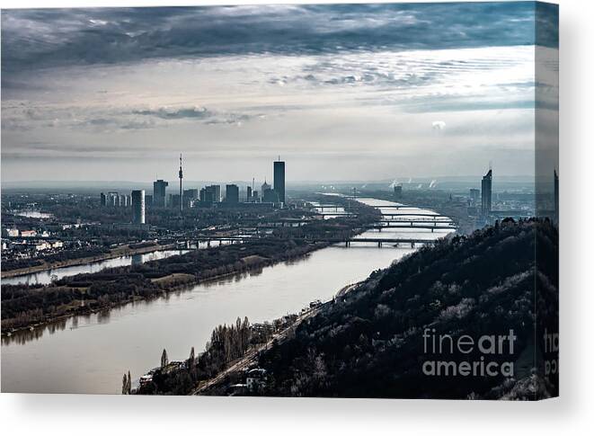 Aerial Canvas Print featuring the photograph City Of Vienna With Suburbs And River Danube In Austria by Andreas Berthold