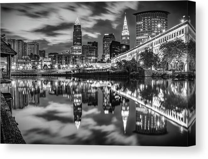 Cleveland Skyline Canvas Print featuring the photograph Cleveland Ohio Riverfront Skyline At Dawn - Black and White by Gregory Ballos