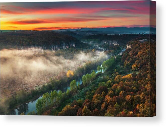 Aglen Village Canvas Print featuring the photograph Clouds Above the River by Evgeni Dinev