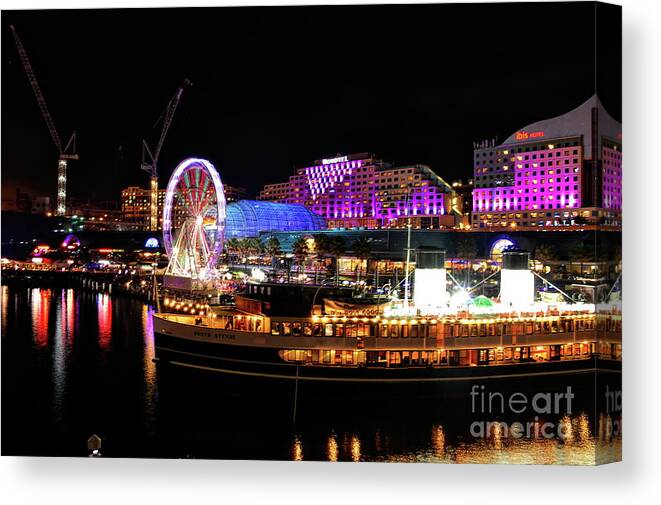 Cityscape Canvas Print featuring the photograph Cockle Bay in VIVID Reflections by Diana Mary Sharpton