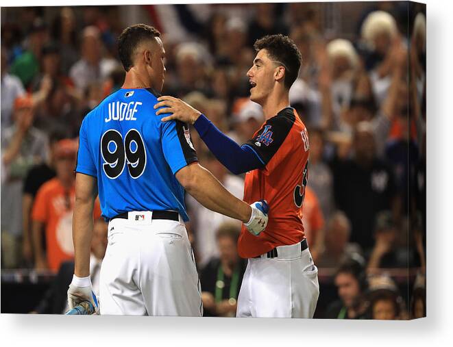 Three Quarter Length Canvas Print featuring the photograph Cody Bellinger and Aaron Judge by Mike Ehrmann
