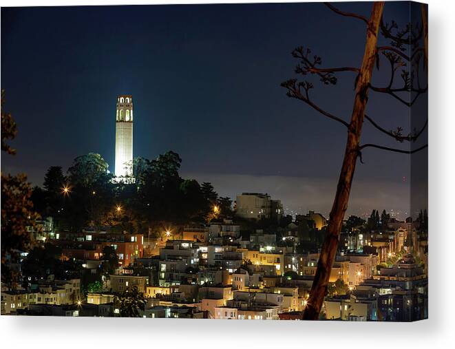 Coit Tower Canvas Print featuring the photograph Coit Tower by Night by Mark Harrington