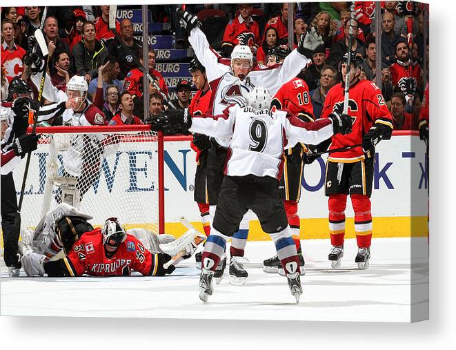 National Hockey League Canvas Print featuring the photograph Colorado Avalanche v Calgary Flames by Brad Watson