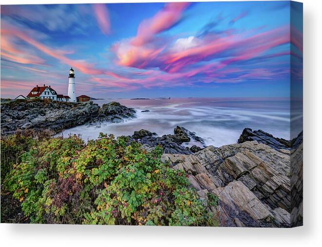 Portland Maine Canvas Print featuring the photograph Colorful Coastal Maine Sunset At Cape Elizabeth Portland Head Lighthouse by Gregory Ballos
