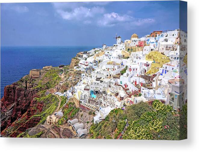 Santorini Canvas Print featuring the photograph Colorful Oia Santorini by Yvonne Jasinski