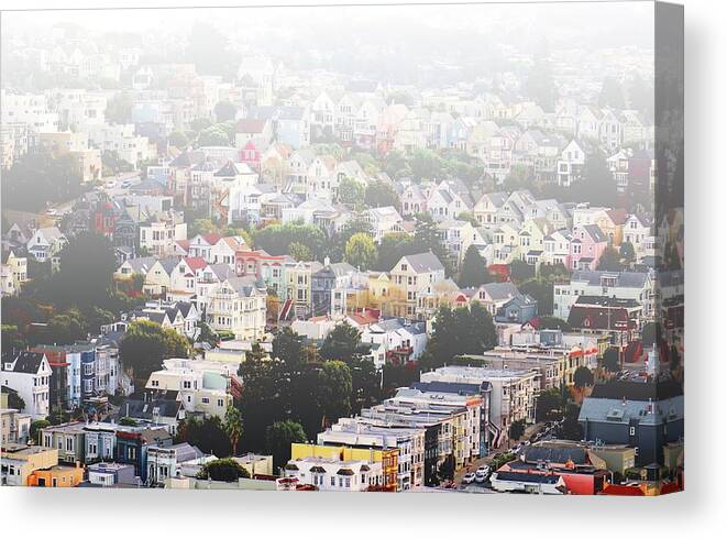 San Francisco Canvas Print featuring the mixed media Colorful San Francisco Morning- by Linda Woods by Linda Woods