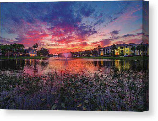 Calabria At San Matera Canvas Print featuring the photograph Colorful Sunset at San Matera Lake in Palm Beach Gardens Florida by Kim Seng