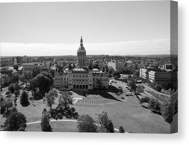 Democrats Canvas Print featuring the photograph Connecticut state capitol building in Hartford Connecticut in black and white by Eldon McGraw