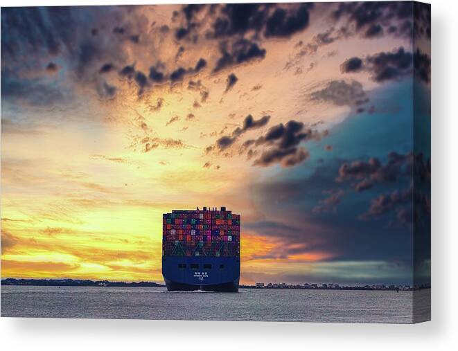 Southport Canvas Print featuring the photograph Container Ship on the Cape Fear River by Nick Noble