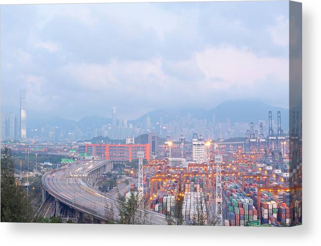 Chinese Culture Canvas Print featuring the photograph Container terminal and stonecutter bridge in Hong by Cozyta