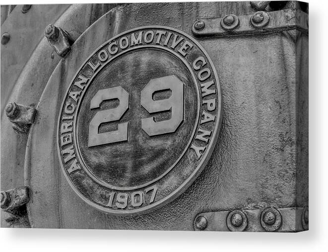 Railroad Canvas Print featuring the photograph Copper Range Locomotive 29 Front Plate BW by Dale Kauzlaric
