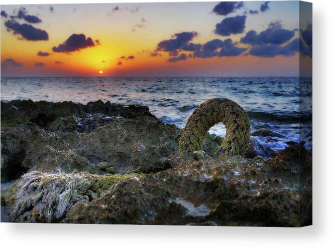 Cozumel Canvas Print featuring the photograph Cozumel Sunset on beach with anchor rope by Peter Herman