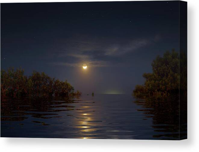 Moon Canvas Print featuring the photograph Crescent Moon Over Florida Bay by Mark Andrew Thomas