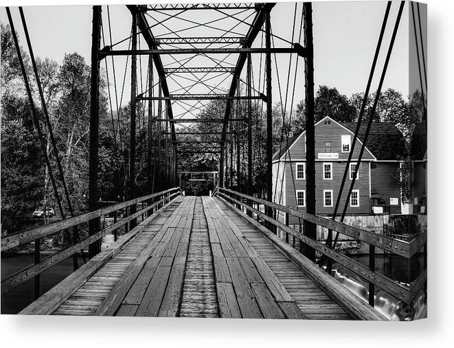War Eagle Mill Canvas Print featuring the photograph Crossing Over to War Eagle Mill in Black and White - Northwest Arkansas by Gregory Ballos