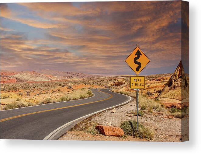 Vegas Canvas Print featuring the photograph Curves 4 Miles in Desert Sunset by Darryl Brooks