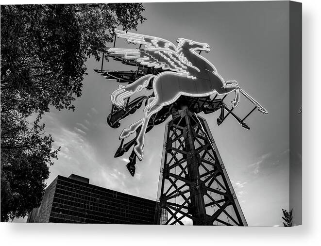 America Canvas Print featuring the photograph Dallas Pegasus In Front Of Omni Hotel - Black and White by Gregory Ballos