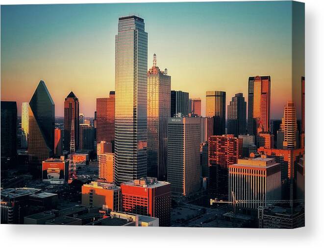 Dallas Canvas Print featuring the photograph Dallas Skyline At Sunset by Joe Paul