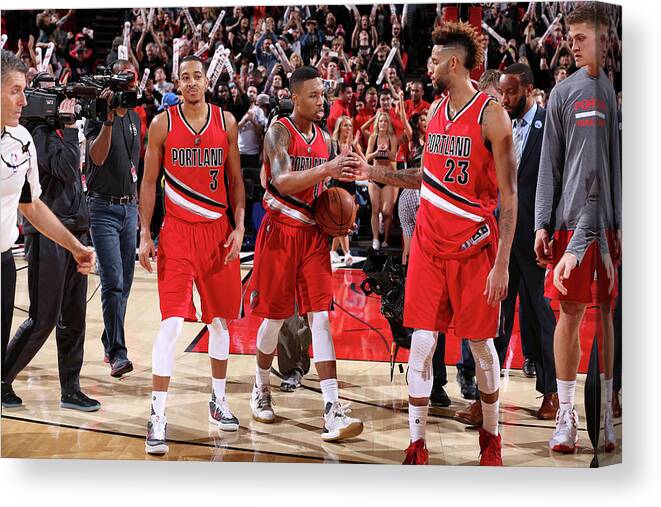 Nba Pro Basketball Canvas Print featuring the photograph Damian Lillard, C.j. Mccollum, and Allen Crabbe by Sam Forencich