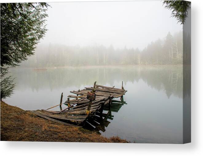 Lake Canvas Print featuring the photograph Danger sign on old dock early morning by Dan Friend