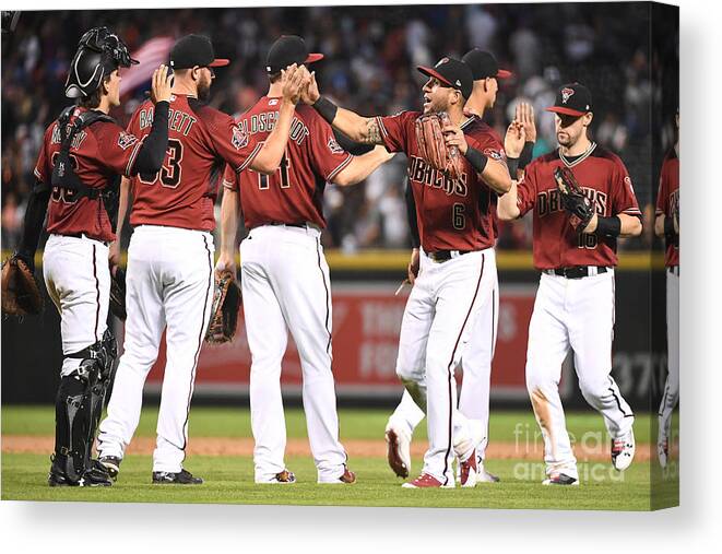 People Canvas Print featuring the photograph David Peralta, Paul Goldschmidt, and Chris Owings by Jennifer Stewart