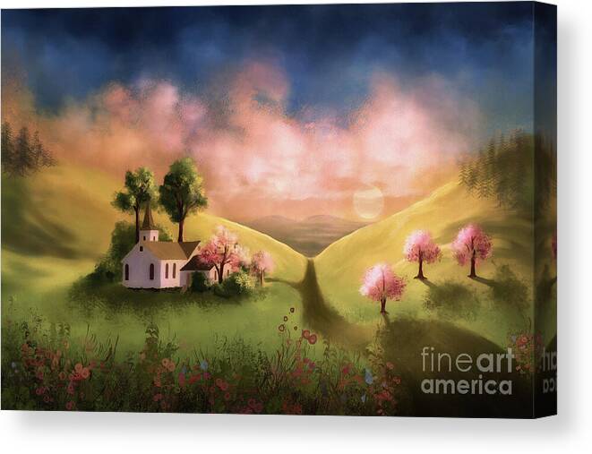 Church Canvas Print featuring the digital art Day Begins In the Valley by Lois Bryan