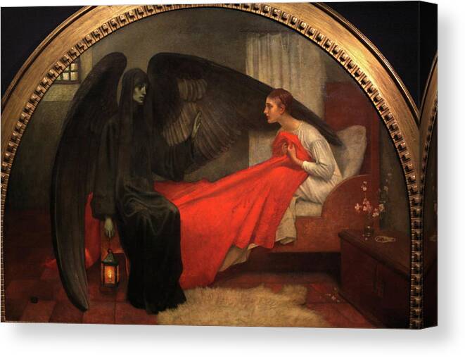 Pre Raphaelite Canvas Print featuring the drawing Death And The Maiden 1900 Death By Marianne Stokes by Marianne Stokes