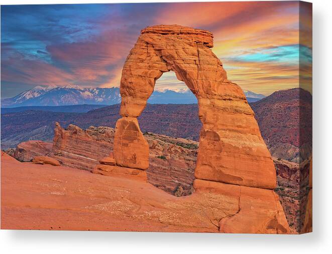 Delicate Arch Canvas Print featuring the photograph Delicate Arch At Sunset by Jim Vallee