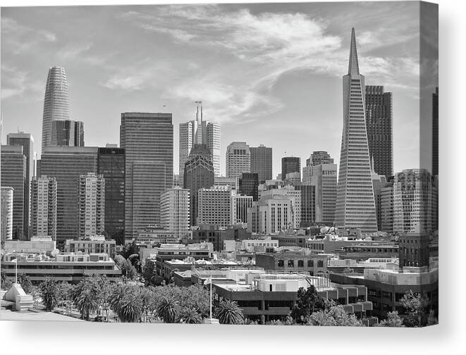 San Francisco Canvas Print featuring the photograph Dense Skyline of Downtown San Francisco Black and White by Shawn O'Brien
