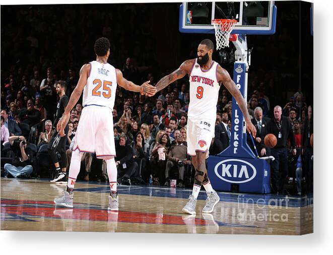 Nba Pro Basketball Canvas Print featuring the photograph Derrick Rose and Kyle O'quinn by Nathaniel S. Butler