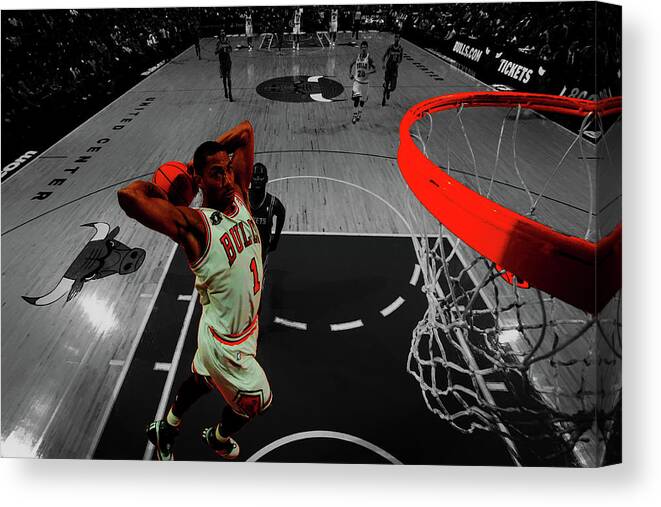 Derrick Rose Canvas Print featuring the mixed media Derrick Rose Took Flight by Brian Reaves