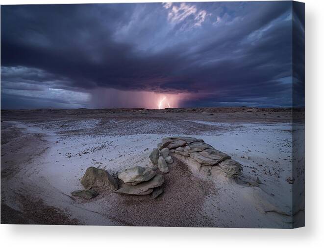 Storm Canvas Print featuring the photograph Desert Storm with Lightning by Wesley Aston