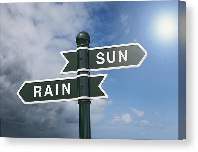 Pole Canvas Print featuring the photograph Directional signs pointing to rain and sunshine by Dimitri Otis