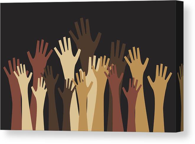 Crowd Of People Canvas Print featuring the drawing Diverse sets of hands reaching up on black background by RobinOlimb
