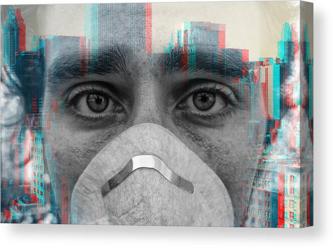 Young Men Canvas Print featuring the photograph Double exposure portrait of face of young man wearing face mask against virus epidemic and a New York City skyline by Busà Photography