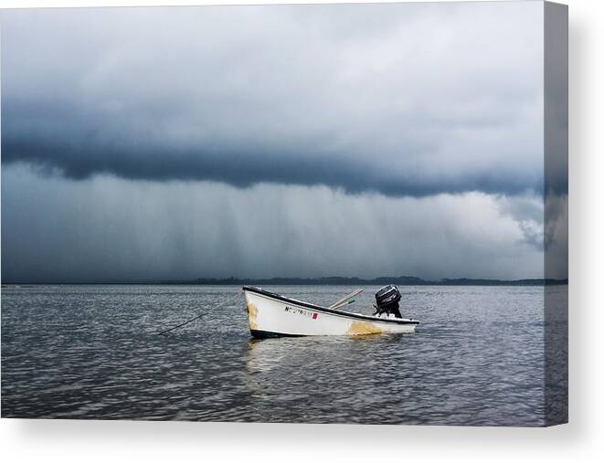 Down East Skiff Canvas Print featuring the photograph Down East Skiff at Anchor by Bob Decker